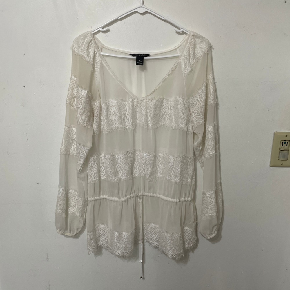White House Black Market White Lace V-Neck Blouse Drawstring Waist S Boho